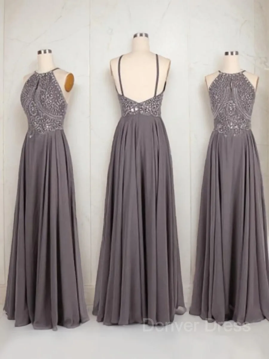 A-Line Halter Floor-Length Chiffon Prom Dresses With Beading