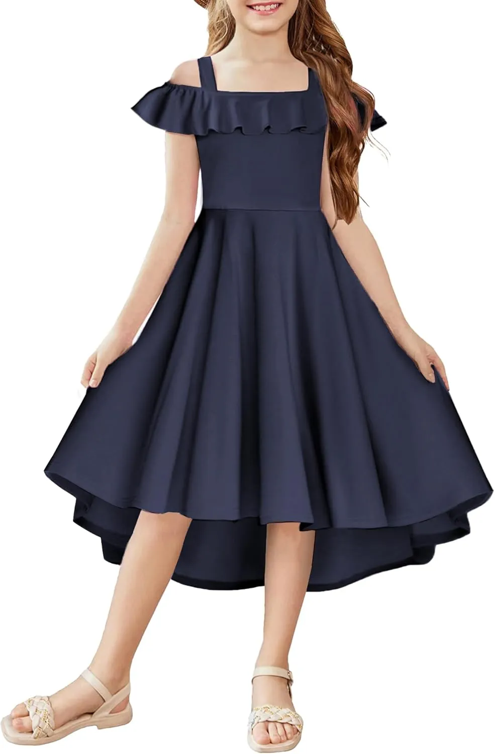 Arshiner Girls Summer Dress Off Shoulder Flutter Sleeve Midi Swing Cassual Formal Dresses with Pocket