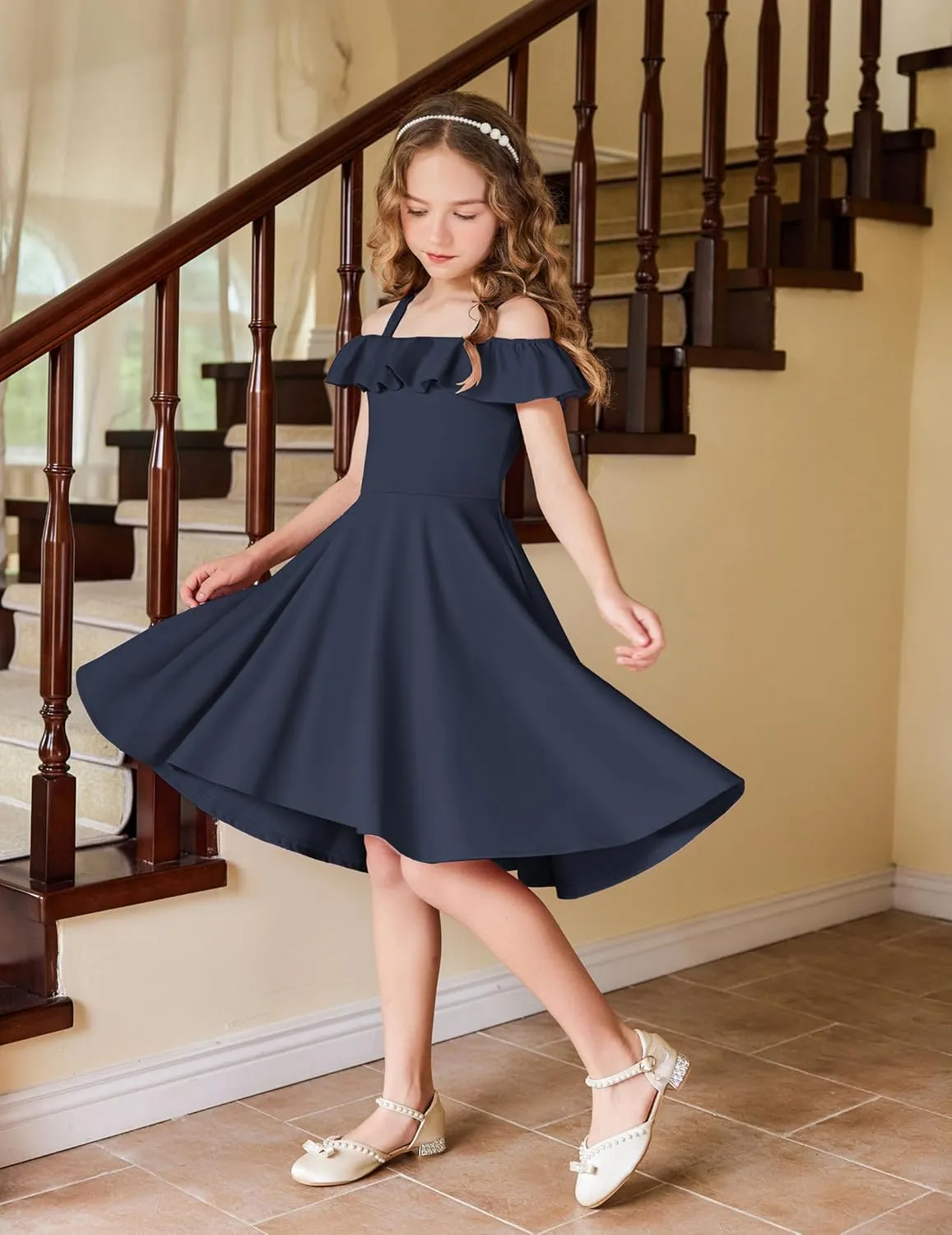 Arshiner Girls Summer Dress Off Shoulder Flutter Sleeve Midi Swing Cassual Formal Dresses with Pocket