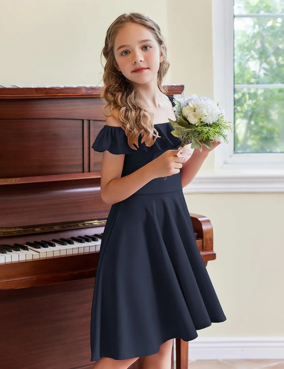 Arshiner Girls Summer Dress Off Shoulder Flutter Sleeve Midi Swing Cassual Formal Dresses with Pocket