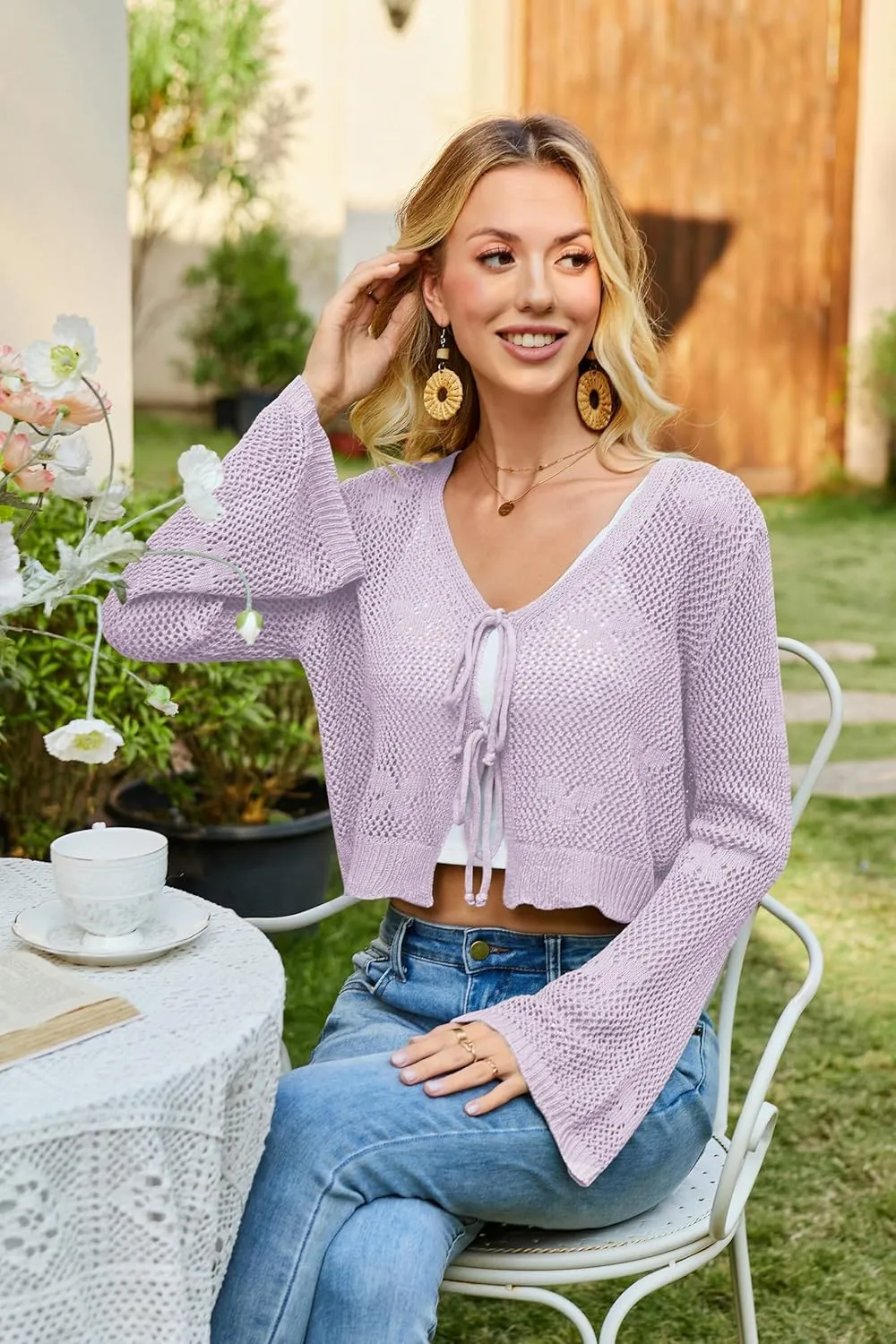 Balimtoy Women Tie Front Hollow Out Knit Crop Top Bell Sleeve V Neck Knotted Crochet Cardigan Boho Cute Bolero Shrug