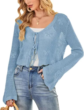 Balimtoy Women Tie Front Hollow Out Knit Crop Top Bell Sleeve V Neck Knotted Crochet Cardigan Boho Cute Bolero Shrug