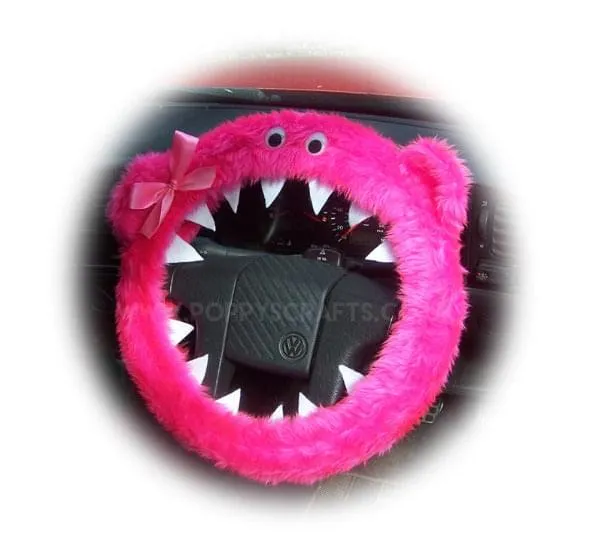 Barbie Pink fuzzy Monster car steering wheel cover with Pink Bow