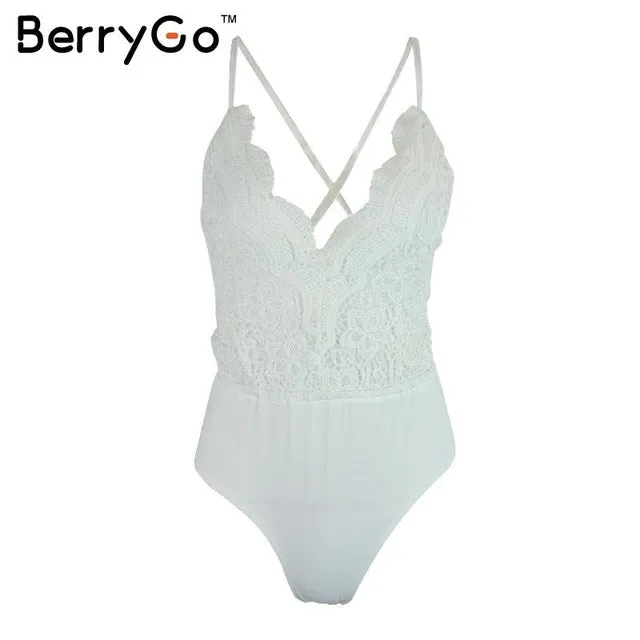 BerryGo Deep v neck lace up sexy bodysuit Black backless tops women bodysuit 2016 summer short elegant jumpsuit rompers