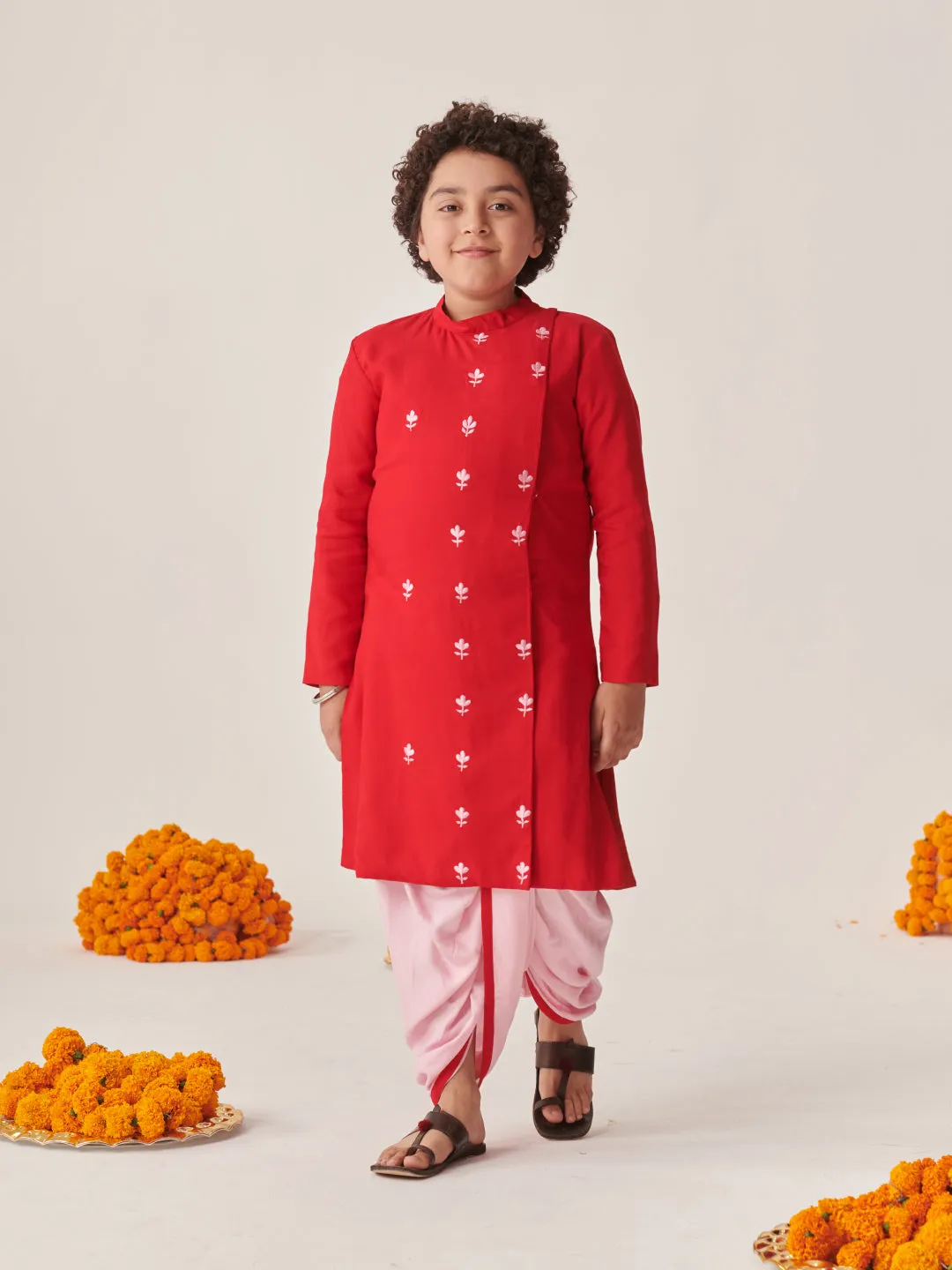 Boys Floral Embroidered Regular Kurta With Dhoti Pants