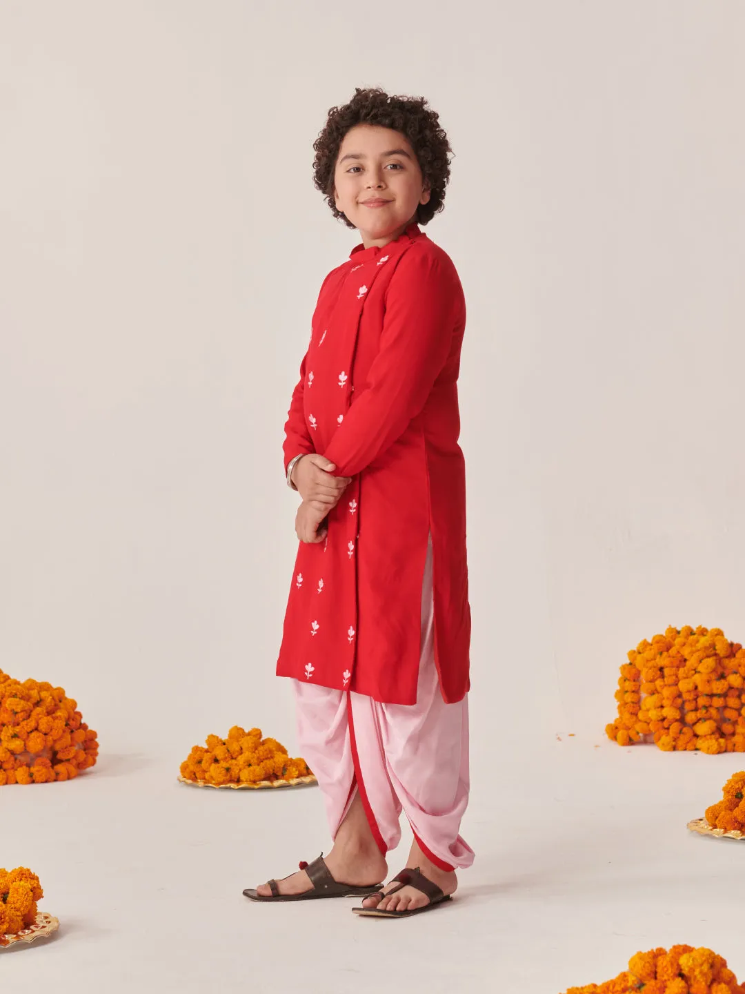 Boys Floral Embroidered Regular Kurta With Dhoti Pants