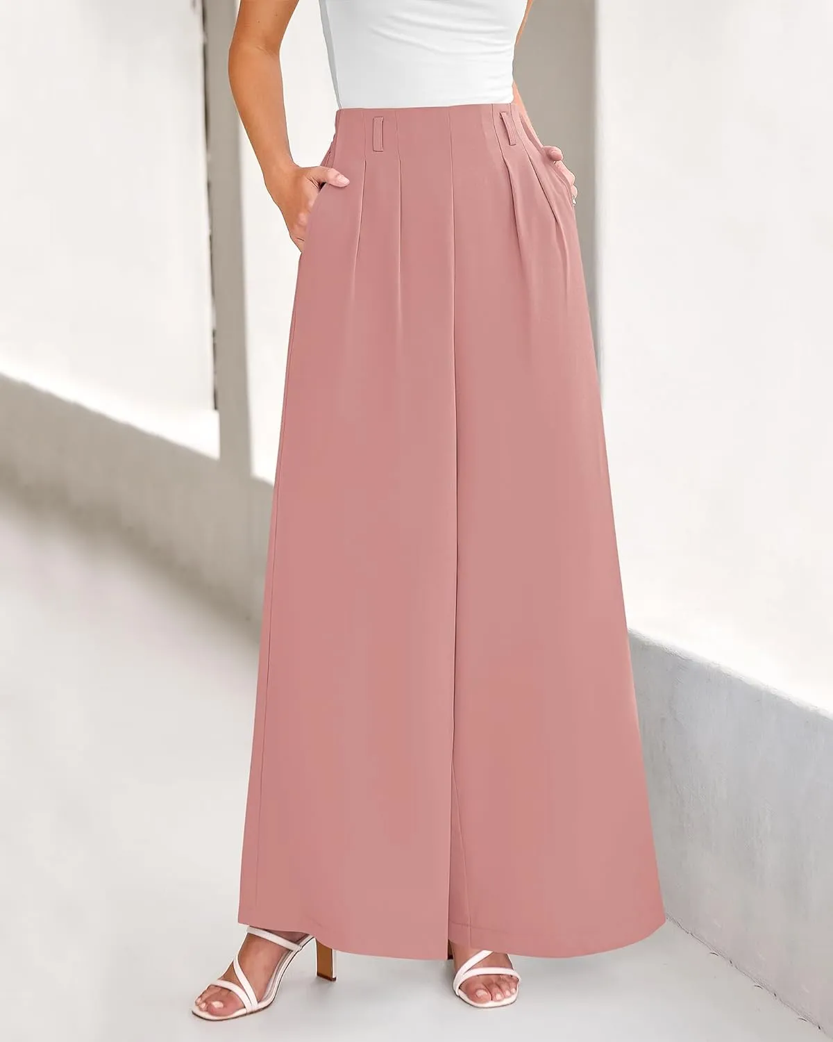 BTFBM Women's Elegant Flowy Dress Pants Front Pleated High Waisted Casual Wide Leg Loose Palazzo Trousers with Pockets