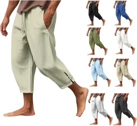 Cotton Linen Pants Men Casual Drawstring Elastic Waist Harem Plus Size Capris Lightweight Yoga Hippie Baggy Trousers