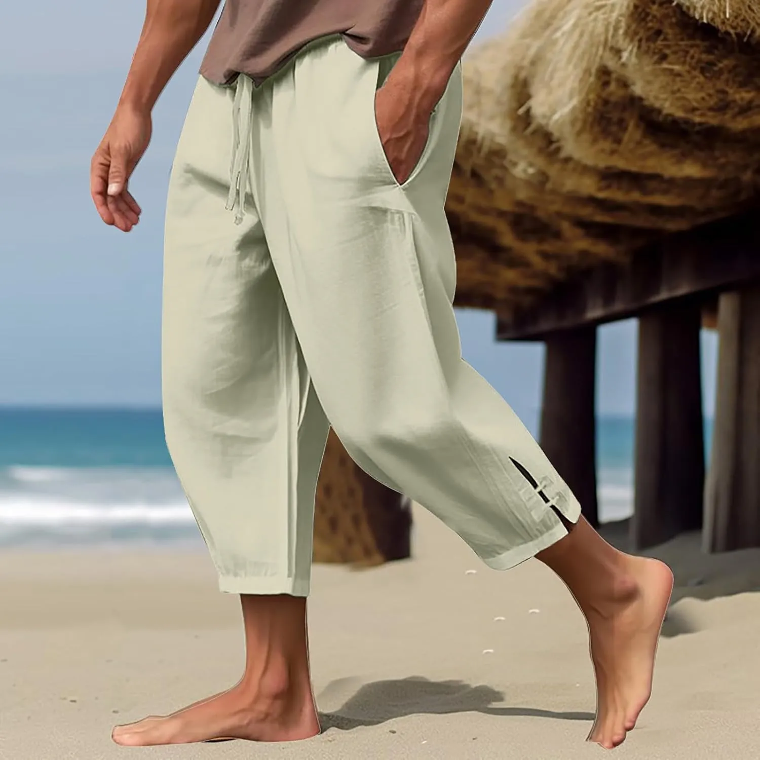 Cotton Linen Pants Men Casual Drawstring Elastic Waist Harem Plus Size Capris Lightweight Yoga Hippie Baggy Trousers