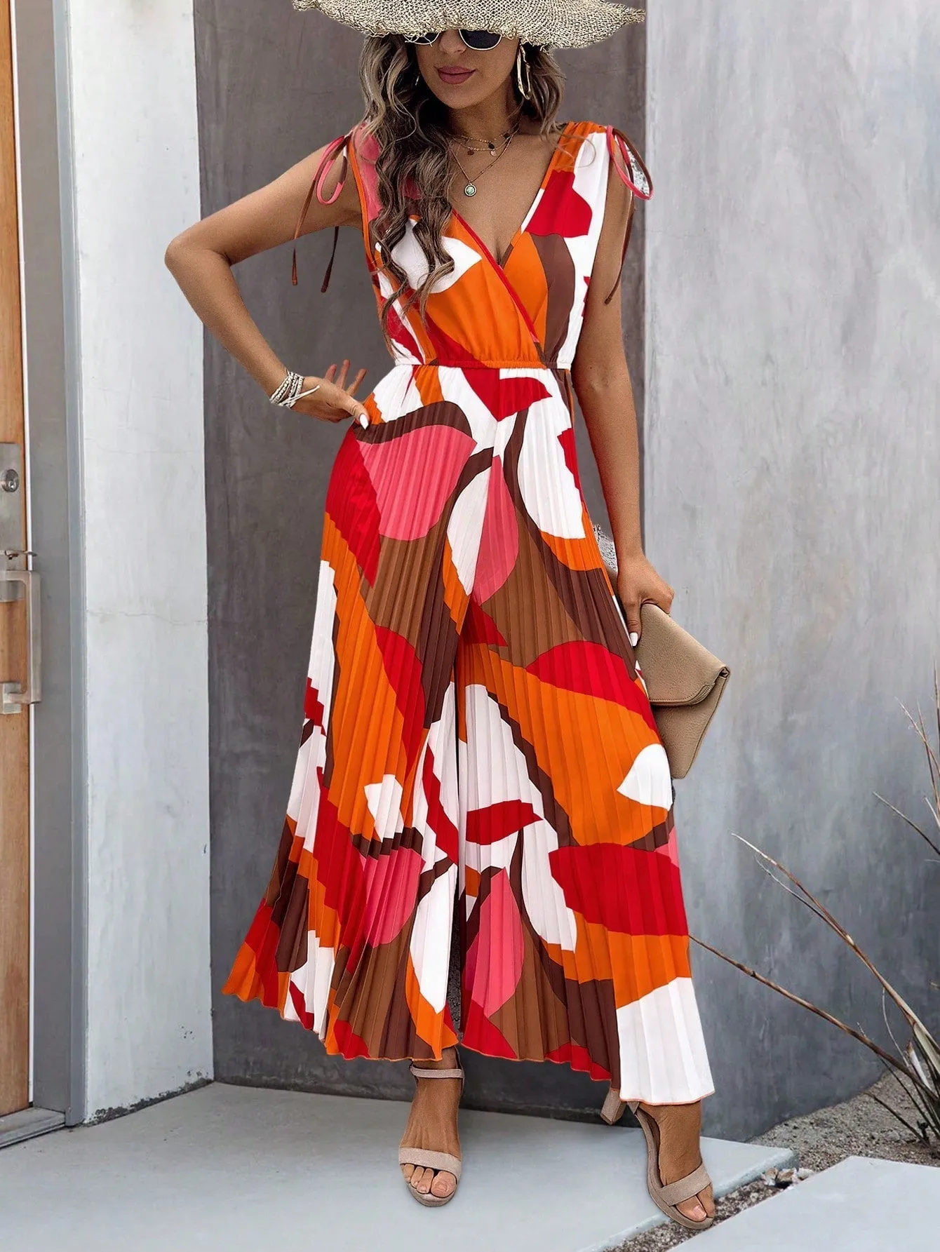 Essnce Women's Color Block Printed Pleated Wide Leg Jumpsuit