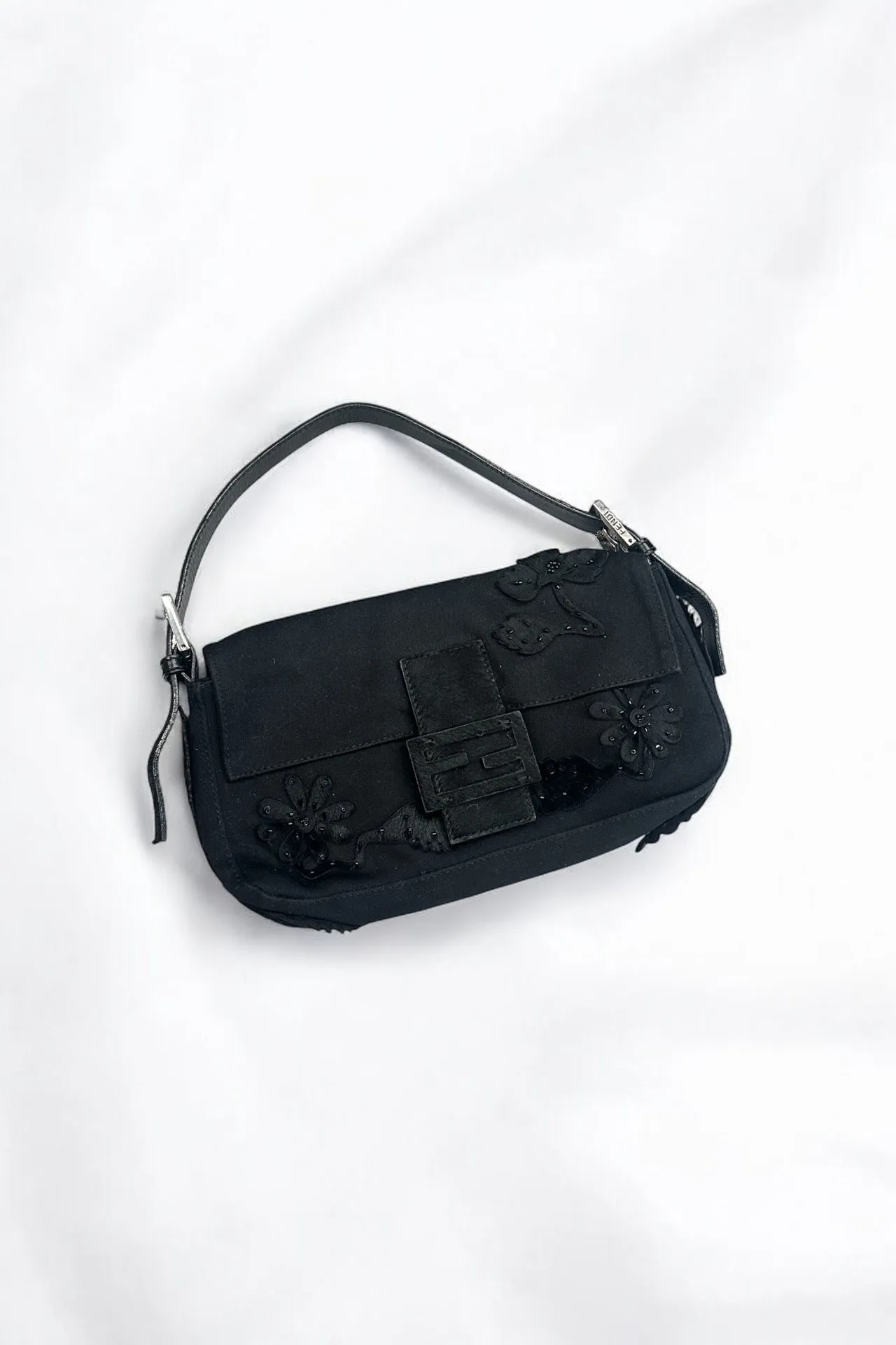 Fendi Black Embroided Pony Hair Baguette