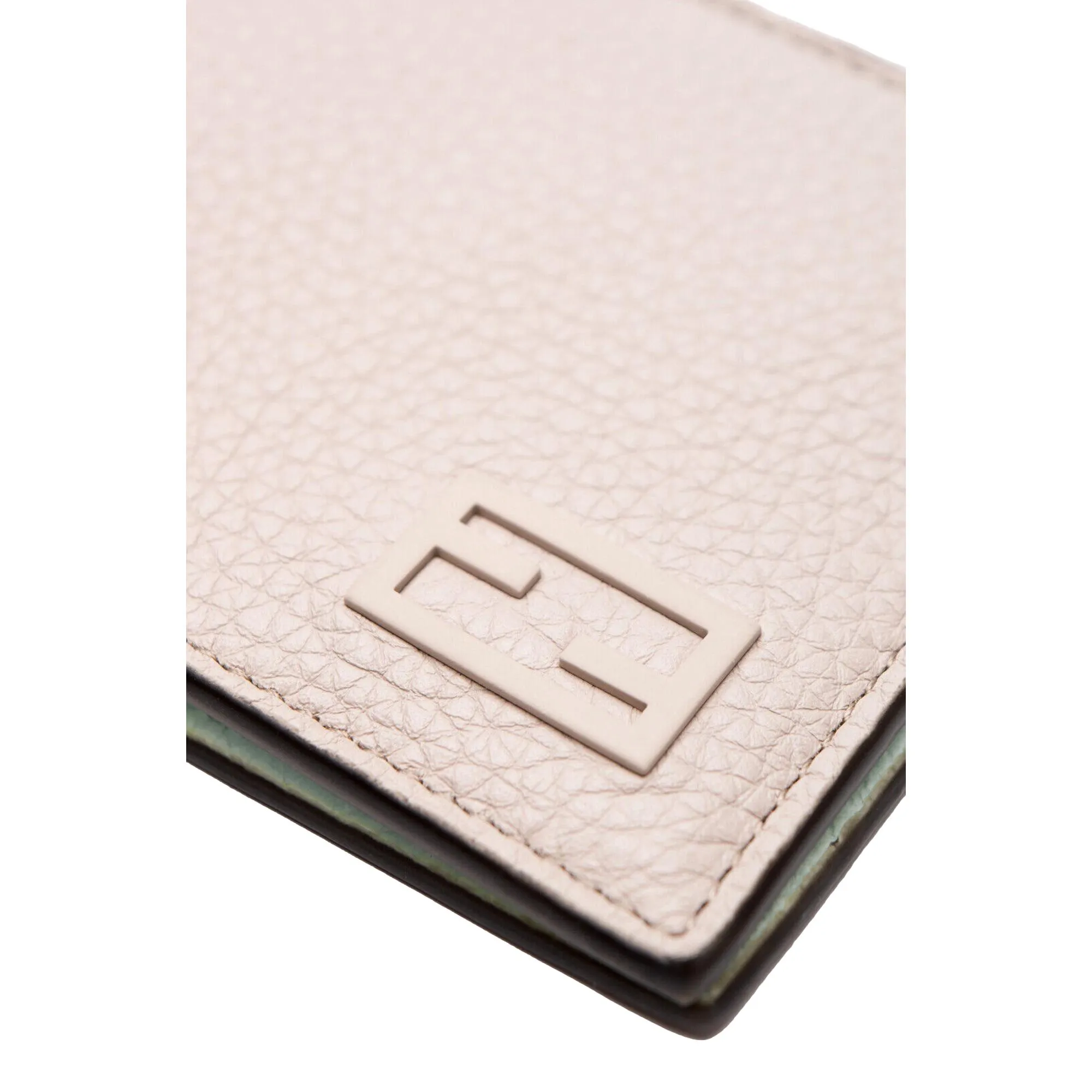 Fendi FF Logo Plaque Light Gray and Blue Pebbled Calf Leather Bifold Wallet