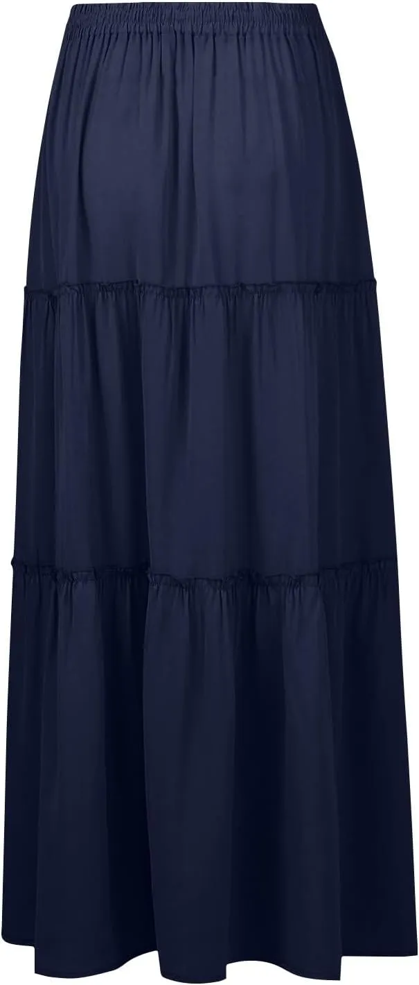 Flowy Tiered Maxi Skirts for Women 2025 Trendy Summer Vacation Boho Long Floral Skirt Elastic Drawstring A Line Skirt