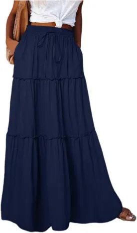 Flowy Tiered Maxi Skirts for Women 2025 Trendy Summer Vacation Boho Long Floral Skirt Elastic Drawstring A Line Skirt