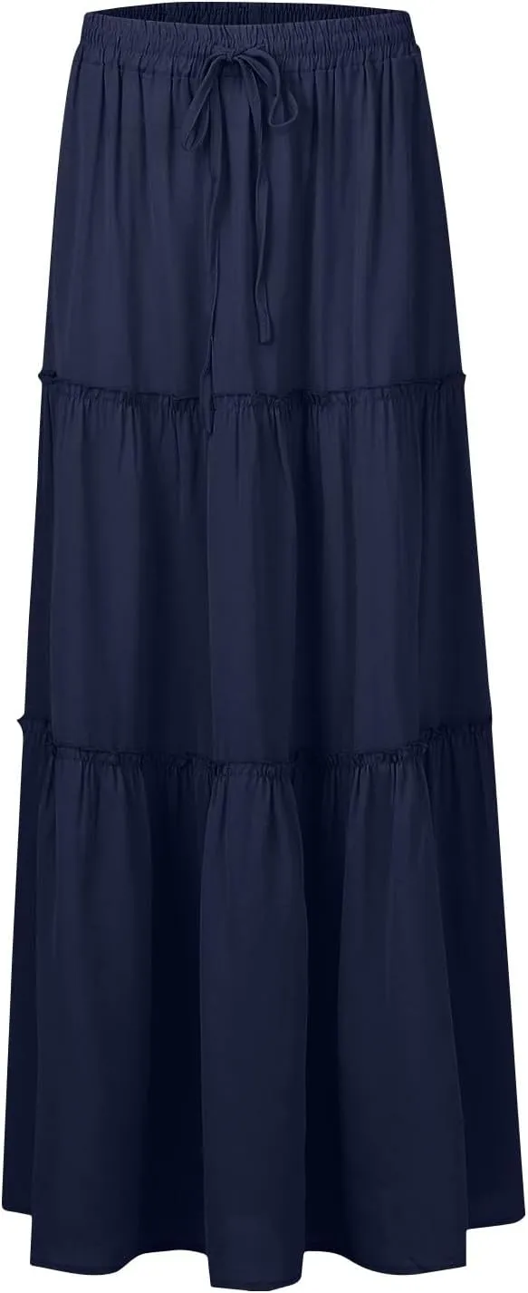 Flowy Tiered Maxi Skirts for Women 2025 Trendy Summer Vacation Boho Long Floral Skirt Elastic Drawstring A Line Skirt