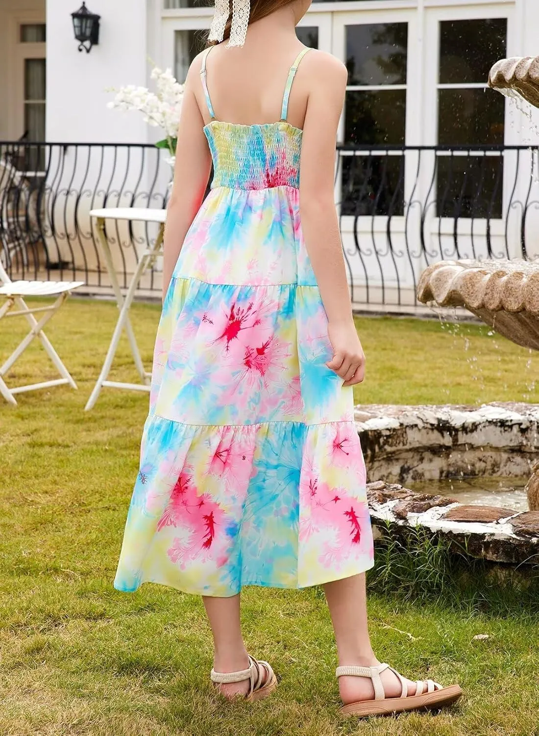 Girls Sundress Summer Boho Sleeveless Strap Smocked Tiered Dresses 6-15 Years