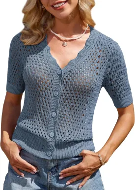 GRACE KARIN Womens 2025 Cardigan Sweaters Summer Short Sleeve Crochet Sweater V Neck Hollow Out Button Down Knit Bolero Tops