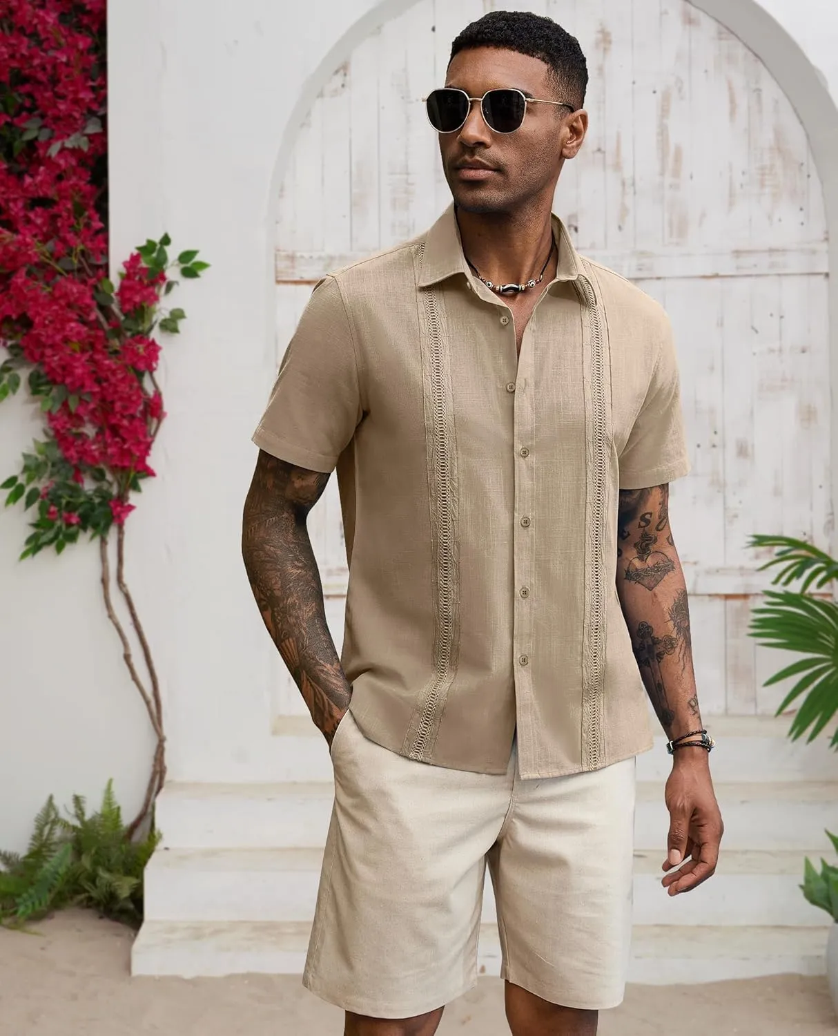 Guayabera Linen Shirts for Men Short Sleeve Button Down Shirt Hawaiian Shirt Cuban Summer Shirts Beach Shirts