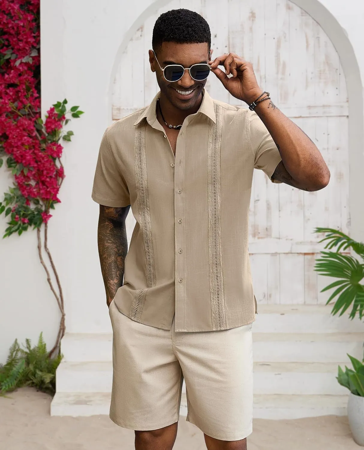Guayabera Linen Shirts for Men Short Sleeve Button Down Shirt Hawaiian Shirt Cuban Summer Shirts Beach Shirts