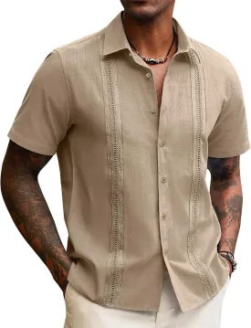 Guayabera Linen Shirts for Men Short Sleeve Button Down Shirt Hawaiian Shirt Cuban Summer Shirts Beach Shirts