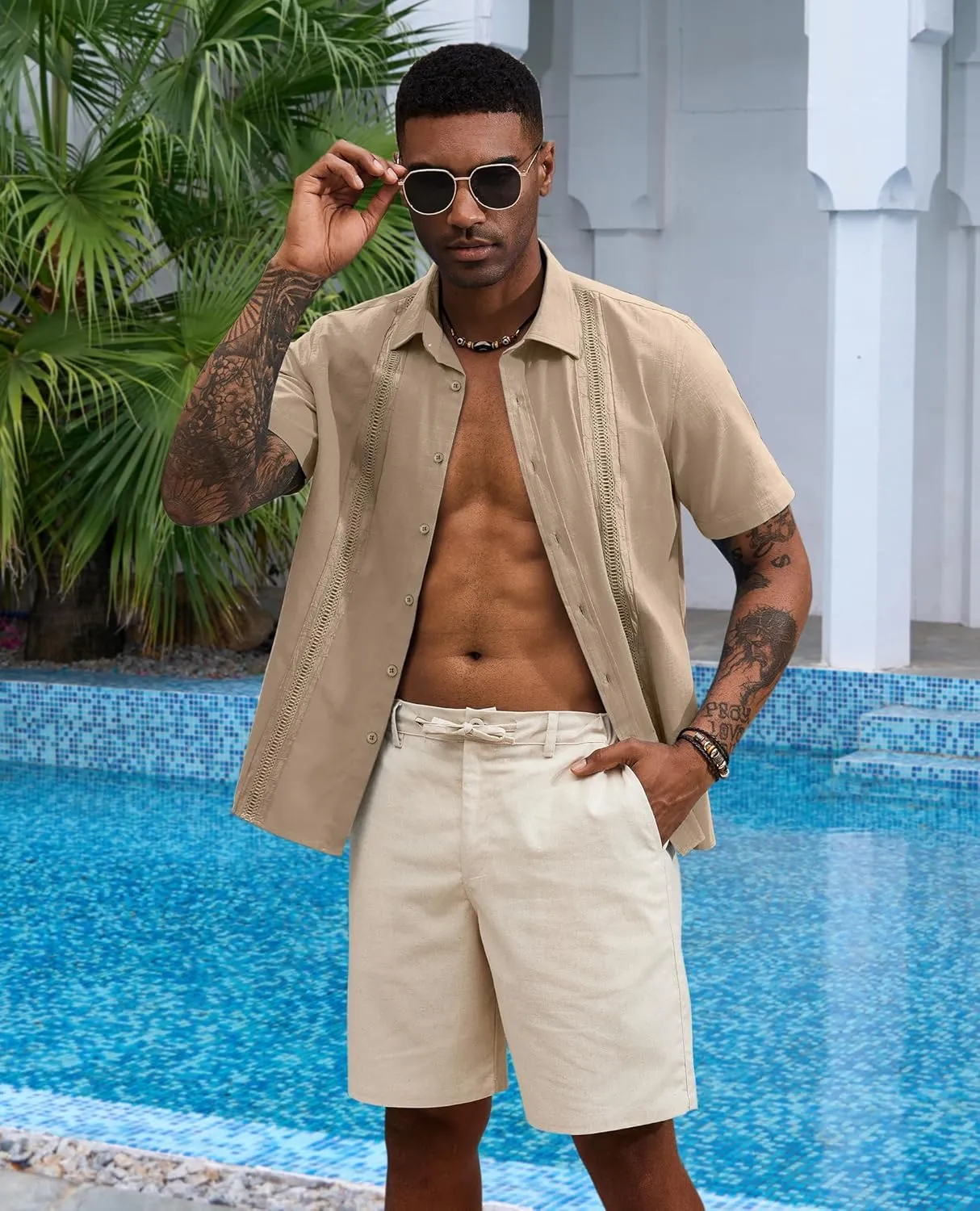 Guayabera Linen Shirts for Men Short Sleeve Button Down Shirt Hawaiian Shirt Cuban Summer Shirts Beach Shirts