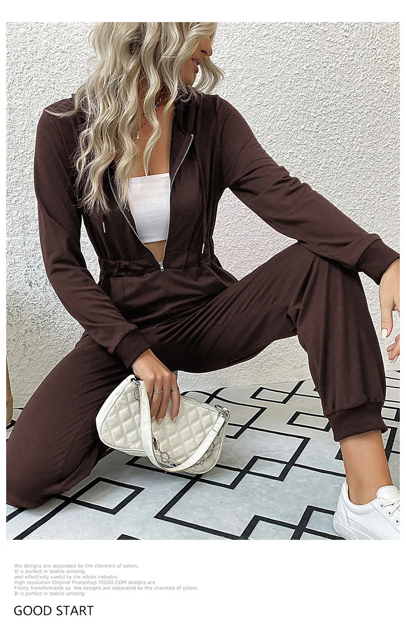 Hooded Long Sleeved Zipper Casual Sports Jumpsuit