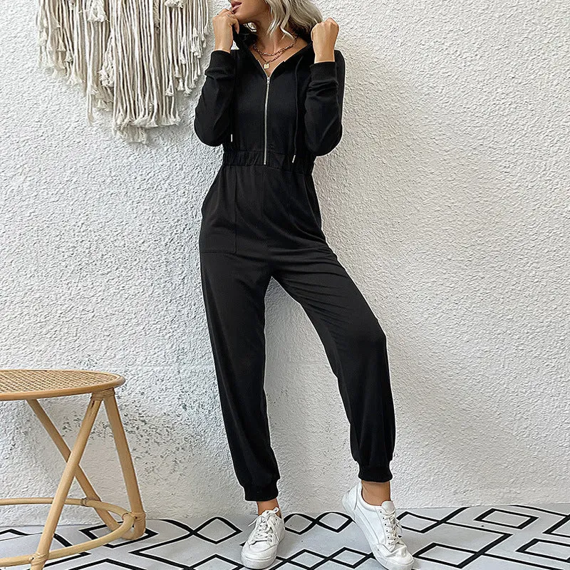 Hooded Long Sleeved Zipper Casual Sports Jumpsuit
