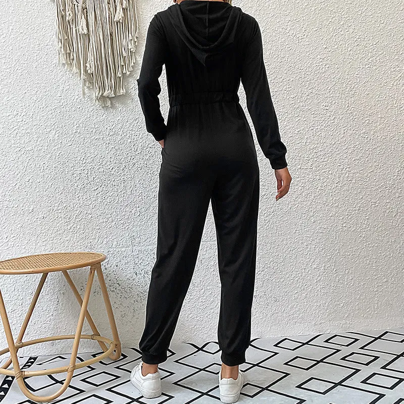 Hooded Long Sleeved Zipper Casual Sports Jumpsuit