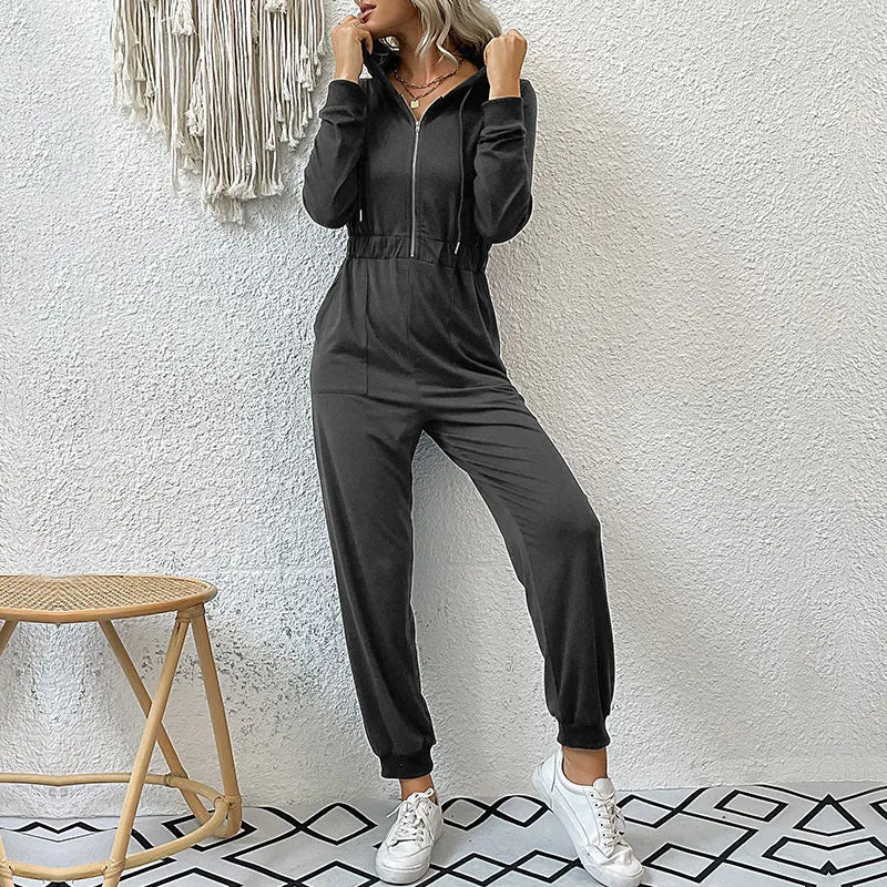 Hooded Long Sleeved Zipper Casual Sports Jumpsuit