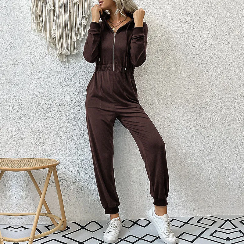 Hooded Long Sleeved Zipper Casual Sports Jumpsuit