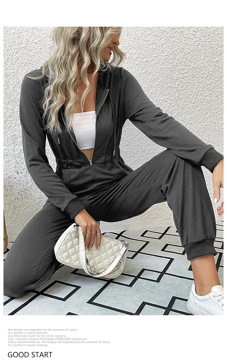Hooded Long Sleeved Zipper Casual Sports Jumpsuit