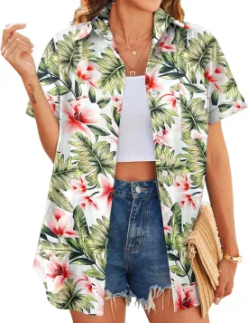 HOTOUCH Hawaiian Shirts for Women Summer Cool Hawaii Floral Tropic Print Blouses Beach Short Sleeve Button Up Tops