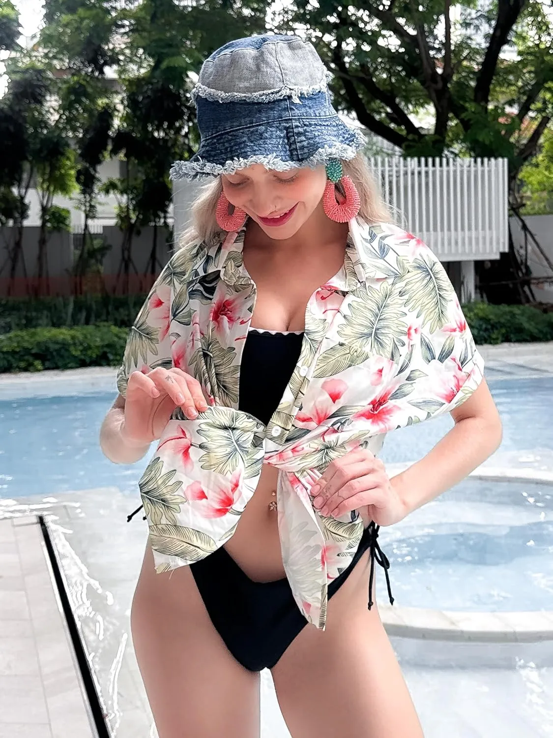 HOTOUCH Hawaiian Shirts for Women Summer Cool Hawaii Floral Tropic Print Blouses Beach Short Sleeve Button Up Tops