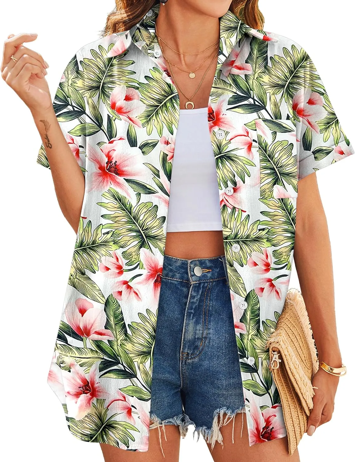 HOTOUCH Hawaiian Shirts for Women Summer Cool Hawaii Floral Tropic Print Blouses Beach Short Sleeve Button Up Tops