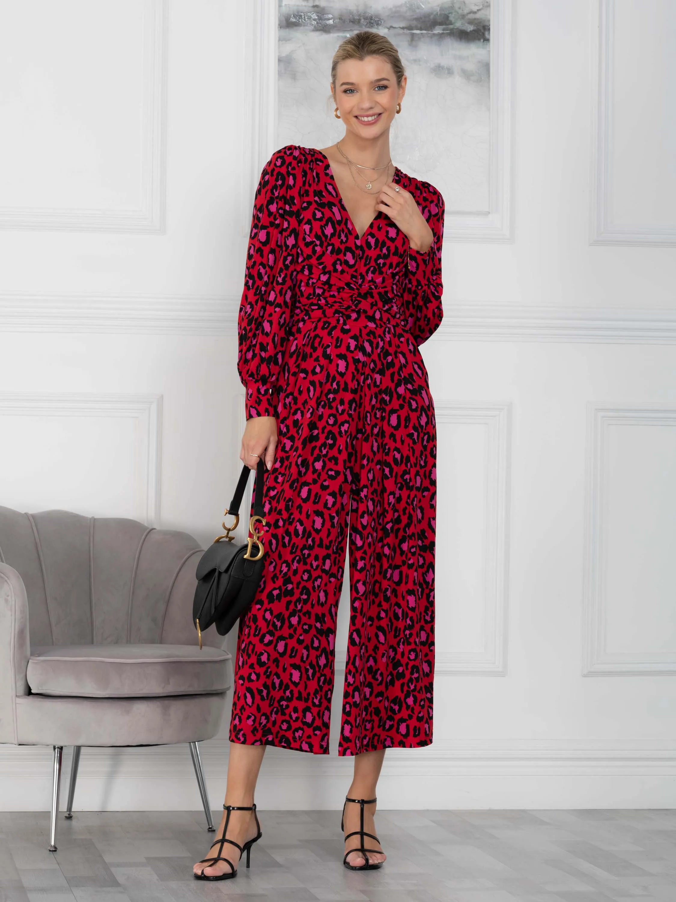 Kylie Long Sleeve Jumpsuit, Red Animal