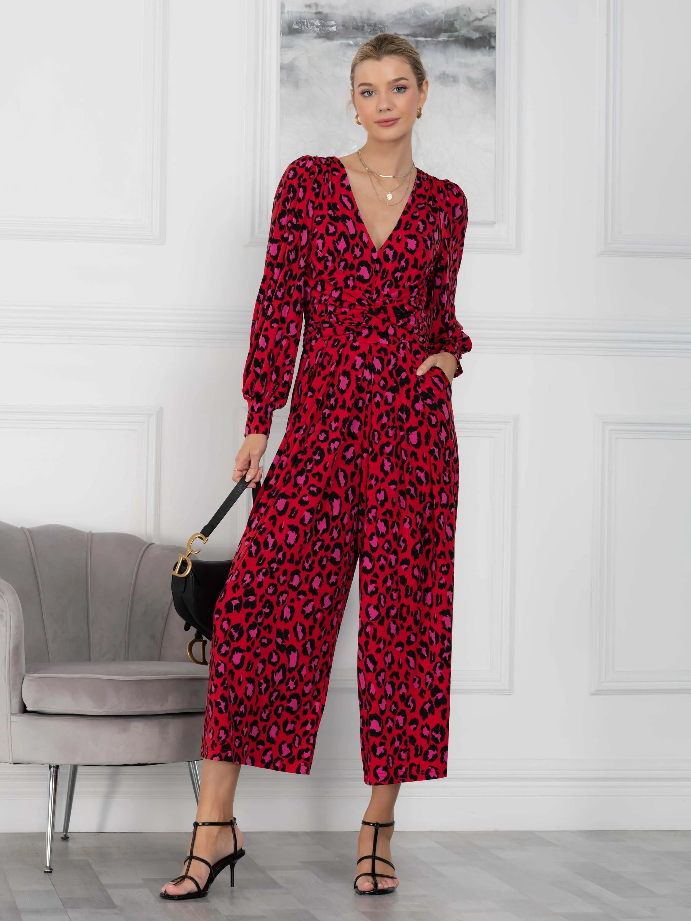 Kylie Long Sleeve Jumpsuit, Red Animal