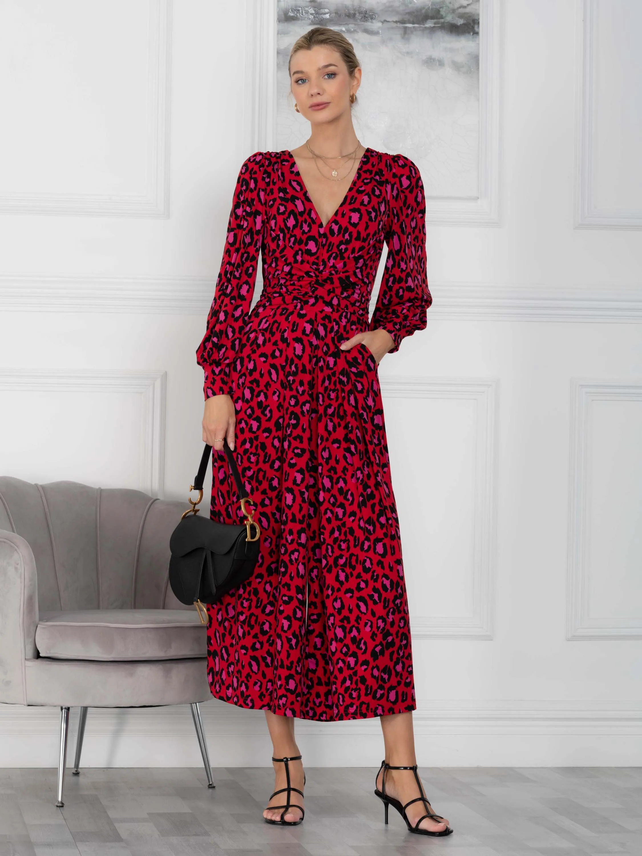 Kylie Long Sleeve Jumpsuit, Red Animal