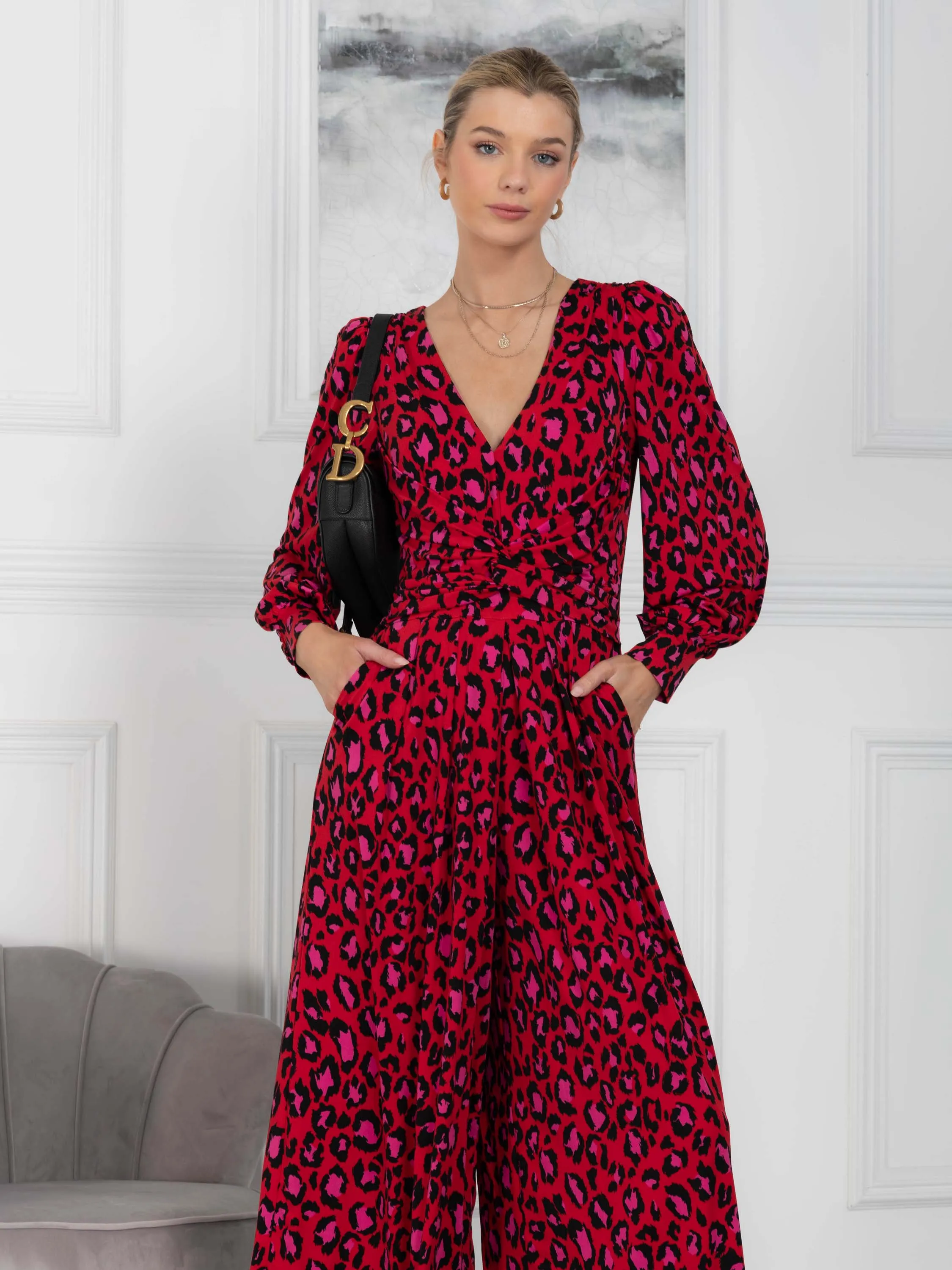 Kylie Long Sleeve Jumpsuit, Red Animal