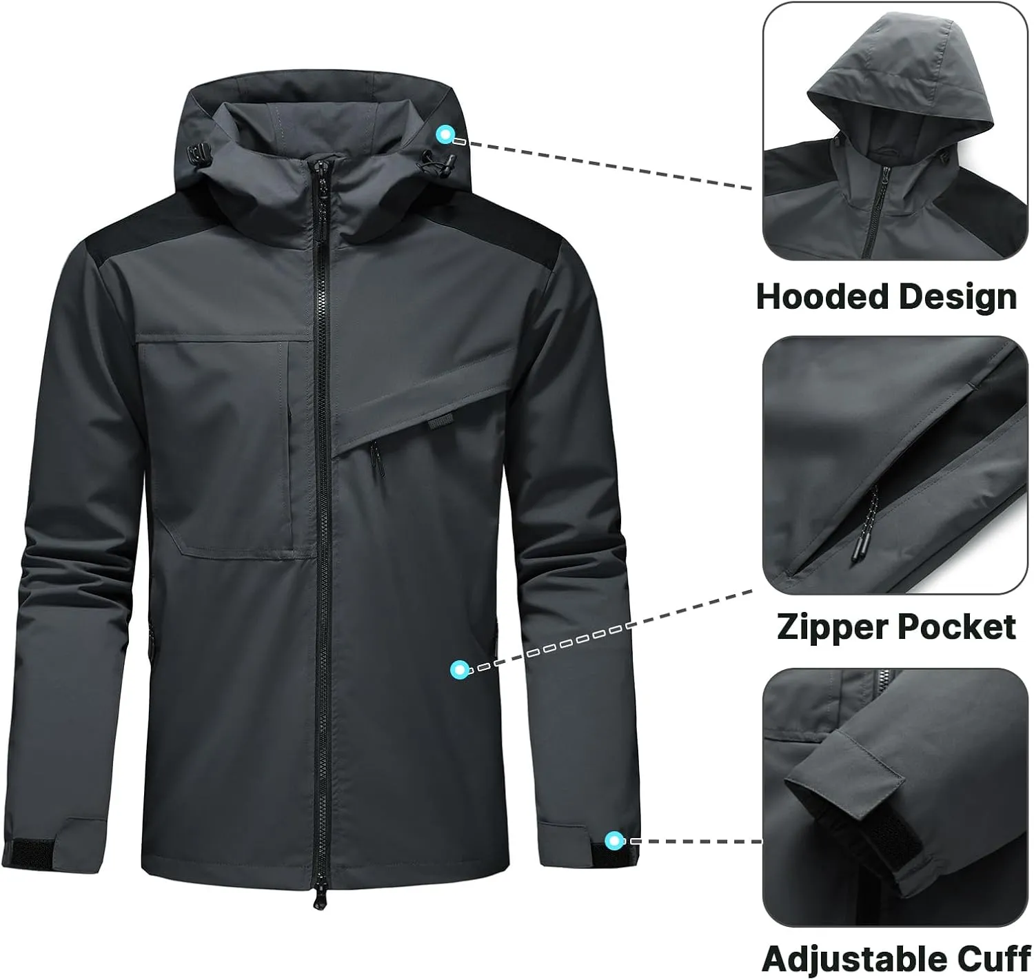 Lamgool Waterproof Jackets for Men Lightweight Rain Jacket Hooded Raincoat Zip Windbreaker for Running Hiking Travel