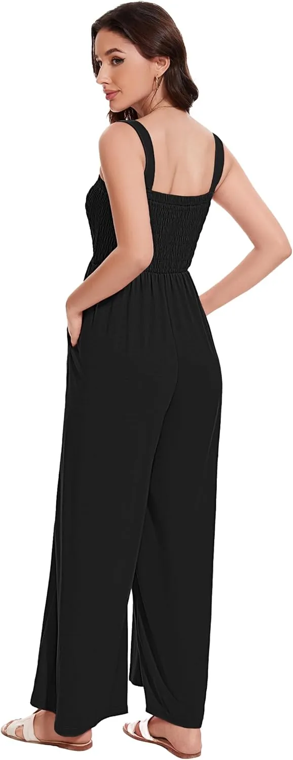 LOZ Women's Summer Casual Rompers Jumpsuits with Pockets Sleeveless Wide Leg Overalls One Piece Loose Travel Clothes Outfits