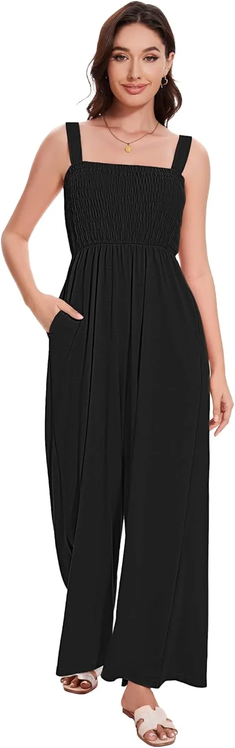 LOZ Women's Summer Casual Rompers Jumpsuits with Pockets Sleeveless Wide Leg Overalls One Piece Loose Travel Clothes Outfits