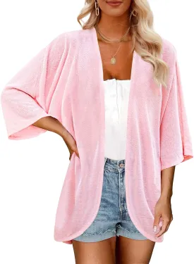 MEROKEETY Women's Lightweight Cardigan Kimono Short Sleeve Open Front Casual Loose Beach Cover Ups