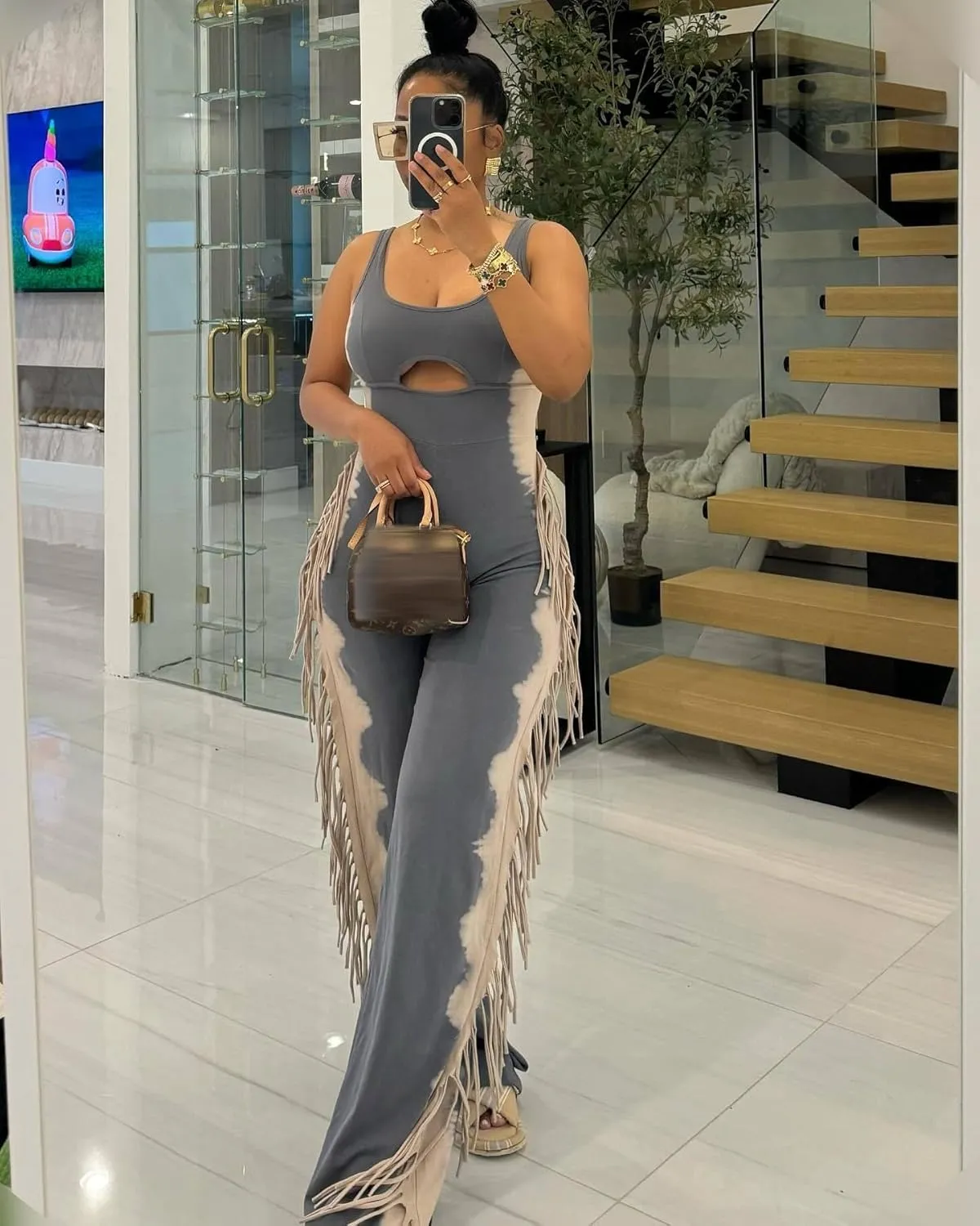 NIFTRIRY One Piece Jumpsuits for Women Sleeveless U Neck Tassel Leg Jumpsuits for Women Sexy Outfits