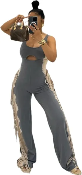 NIFTRIRY One Piece Jumpsuits for Women Sleeveless U Neck Tassel Leg Jumpsuits for Women Sexy Outfits