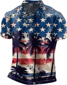 Patriotic T Shirts for Men Star Stripe USA American Flag Polo Golf Shirts 4th of July Short Sleeve Button Down Tops