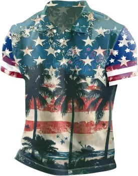 Patriotic T Shirts for Men Star Stripe USA American Flag Polo Golf Shirts 4th of July Short Sleeve Button Down Tops