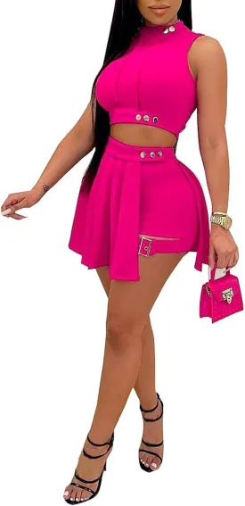 Remxi Women 2 Piece Outfits Jumpsuits Summer Sexy Sleeveless Crop Top Pleated Mini Skirt Biker Shorts Set Sweatsuit
