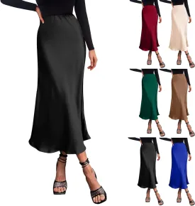 Satin Skirts for Women Summer Casual Flowy Silk High Waisted Modest Flared Ruffle Work Cocktail A Line Midi Skirts