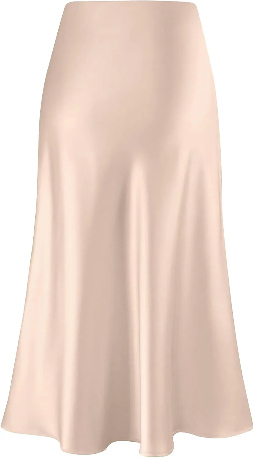 Satin Skirts for Women Summer Casual Flowy Silk High Waisted Modest Flared Ruffle Work Cocktail A Line Midi Skirts