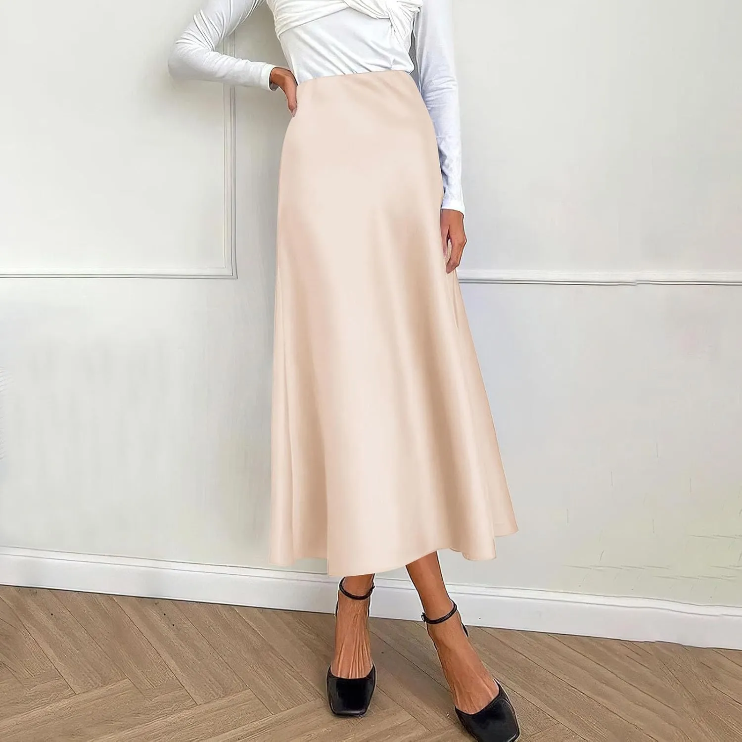 Satin Skirts for Women Summer Casual Flowy Silk High Waisted Modest Flared Ruffle Work Cocktail A Line Midi Skirts